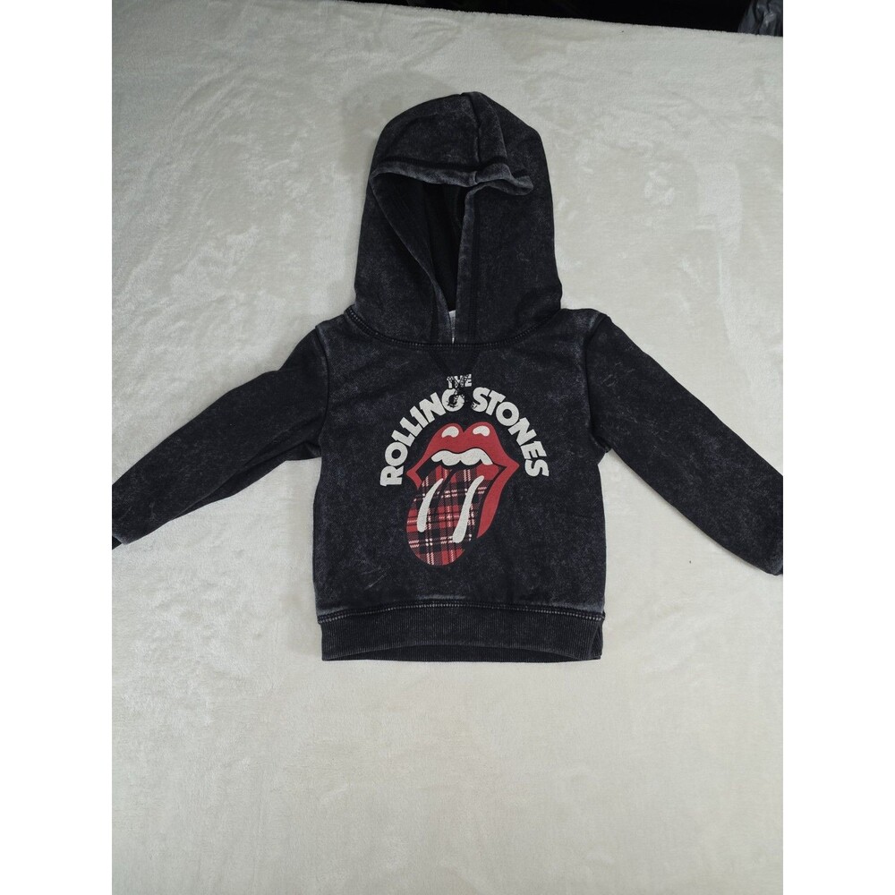 The Rolling Stones Baby Plaid Tongue Logo Pullover Hoodie Acid Wash Black 12M